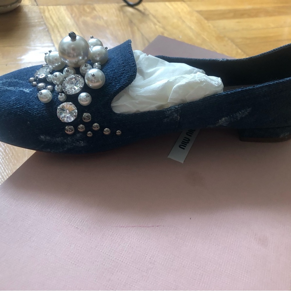 Miu Miu Navy Denim Pearl & Crystal Embellished Loafers - Picture 5 of 9
